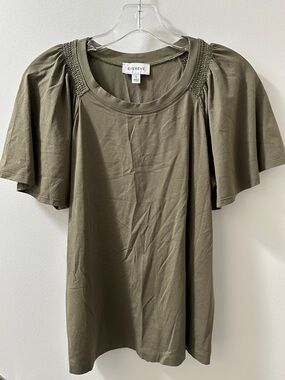 Evereve Olive Green Flutter Sleeve Smocked Shoulder Top